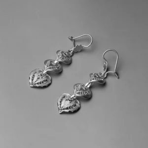 Aretes Largos de Corazón en Filigrana de Plata Ley .925 - Modelo "Eco"